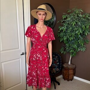 Max Studio Red Floral Midi Dress with Flutter Sleeves